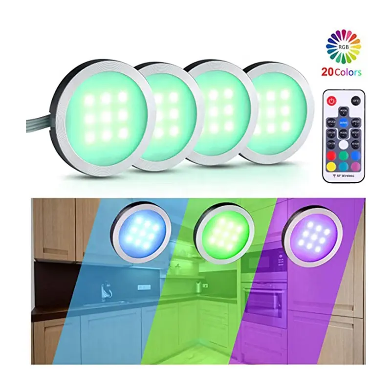 Luzes embutidas de cor de 2w dc12v rgb, luzes de armário com controle remoto rf sem perfuração, pasta colorida de led