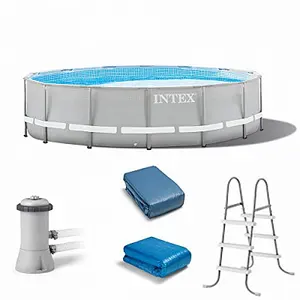 INTEX 26724 round Prism Metal Frame PVC Pool Cover with above Ground Swimming Pump Ladder for Outdoor Use