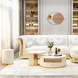 Juego de Sofás de Cuero Genuino de Lujo, Estilo Real, con Borde Dorado y Hebilla |   Sofá Modular Seccional Moderno para Villa con Garantía de 10 Años - Product Image 5