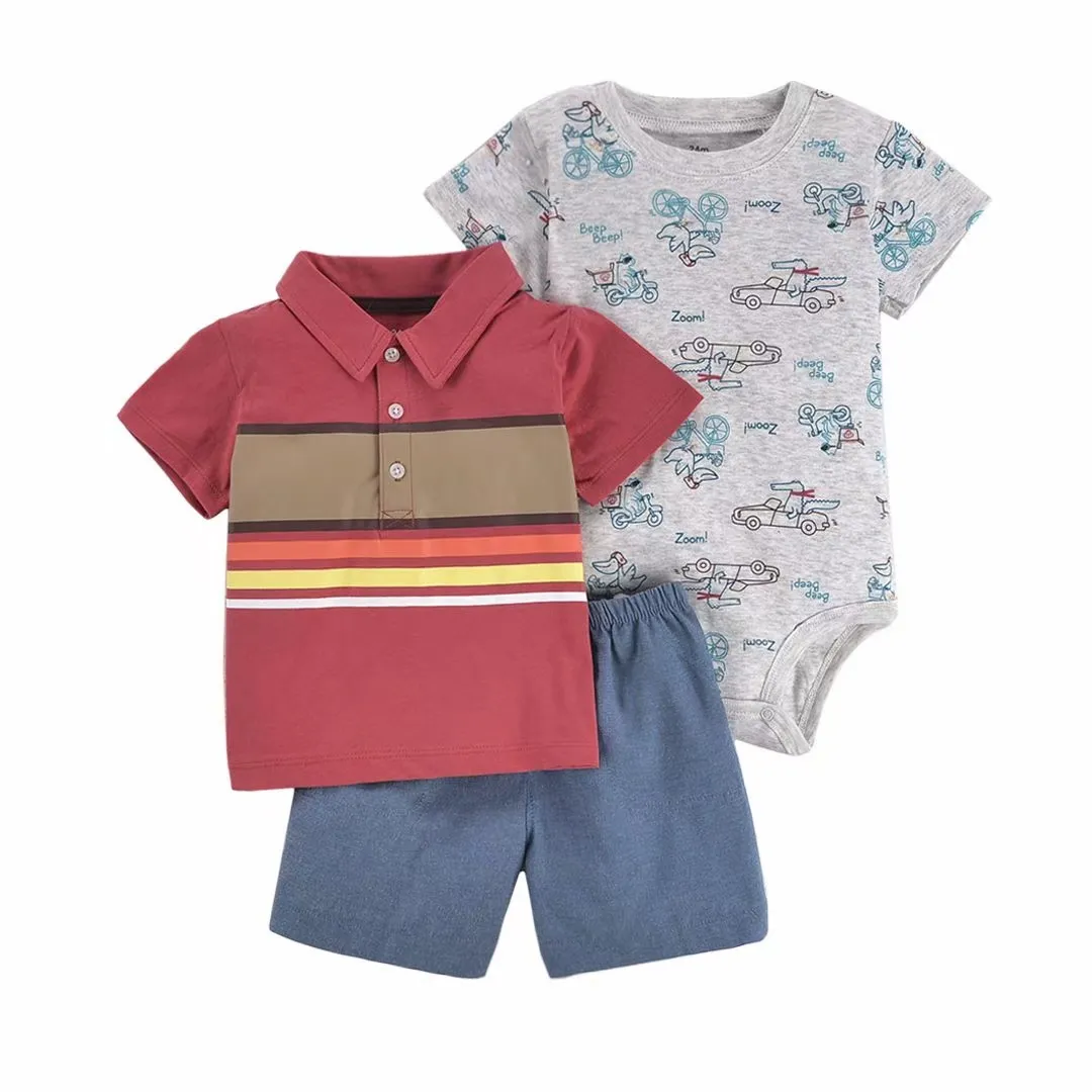 Großhandel Kinder kleidung Baumwolle Kurzhemd Stram pler 3 Stück Kleidung Sommer Baby Boy Kleidung Set