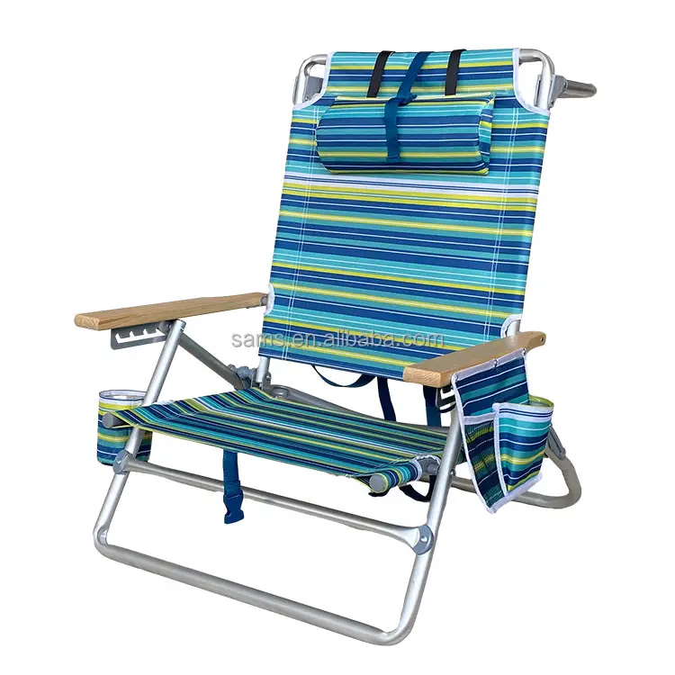 Custom Colorful Stripes vários sacos de armazenamento Praia Mar Cadeira Dobrável Com Almofada Braço De Madeira Oxford Camping Chair