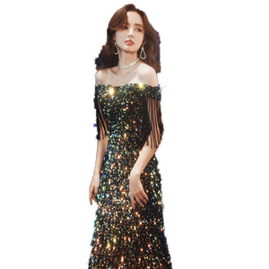 Sequined Evening Gown Off Shoulder Mermaid Tassel Long Dress For Banquets And Annual Meetings Natural Waistline - Product Image 5