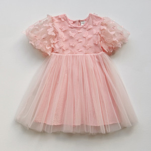 Vestido de Tul para Niña, Estilo Princesa, con Mangas Abullonadas, Color Sólido y Estampado Floral, Moda Infantil de Verano - Product Image 6