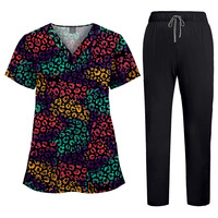 Tenues de travail imprimées à col en V, uniformes d'infirmière, ensembles professionnels, pantalons droits de couleur unie 64001