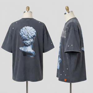 เสื้อยืดสตรีทแวร์สั่งทำพิเศษ ผ้าคอตตอนหนา 300GSM ล้างสีแบบแอซิดวอช ทรงโอเวอร์ไซส์ ครอป ทรงบ็อกซี่ ประดับกราฟิกเพชร เสื้อยืดผู้ชาย - Product Image 2