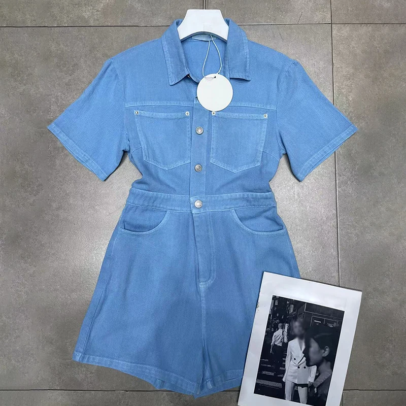 TWOTWINSTYLE Rosa Denim Playsuits Frauen Hohe Taille Solide Minimalistischen Overall Weibliche Sommer Kleidung