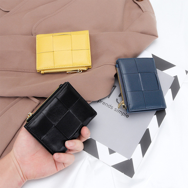 New Arrival Slim Zipper Korean Design Woven Leather Mini Wallet Credit Card Bag Portable Foldable Ladies Small Coin Purse