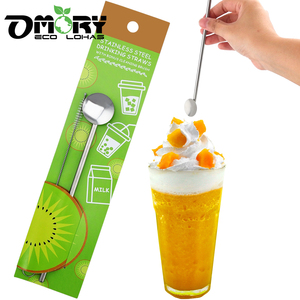 OMORY 304 Stainless Steel Straw Spoon Set With Cleaning <b>Brush</b> Long Handle Drinking Straw Stirring Spoon - Product Image 5