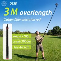 Perche à selfie invisible QZSD pour téléphone et appareil photo avec lumière d'appoint, 300 cm de long, trépied en fibre de carbone avec vis 1/4