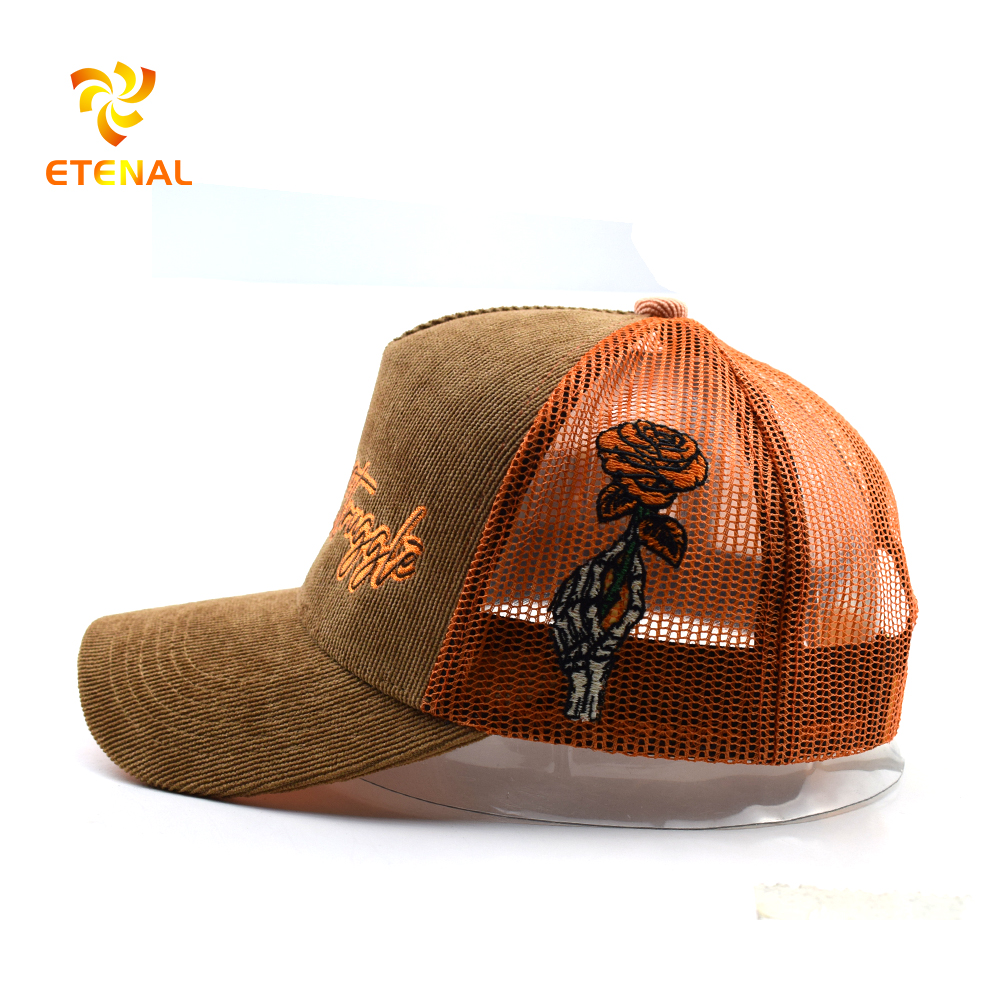 Custom logo wholesale fitness classic adult mesh back light brown corduroy trucker hat cap