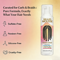 Mousse coiffante OEM/ODM pour tresses, torsades, locks, boucles et ondulations – Sans résidus, brillance supplémentaire, coiffage et hydratation