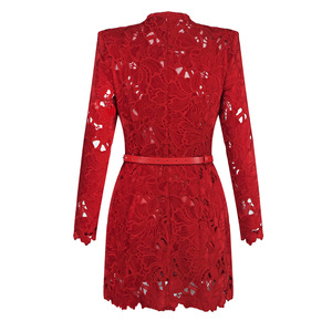 A11275 Abito Mini in <span class=keywords><strong>Velluto</strong></span> <span class=keywords><strong>Rosso</strong></span> con Pizzo per Donna: <span class=keywords><strong>Vestito</strong></span> da Festa a Maniche Lunghe con Collo Alto e Cintura - Elegante Abbigliamento da Cocktail/Sera Formale - Product Image 4