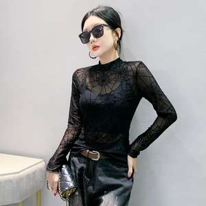 Autunno nuova t-Shirt a collo alto aderente a forma di <span class=keywords><strong>ragno</strong></span> floccante a manica lunga da <span class=keywords><strong>donna</strong></span> Sexy alla moda con camicia piccola - Product Image 6