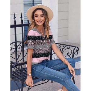 Blusa de Verano para Mujer, Informal, de Manga Corta, Cuello en V, con Botones, para el Trabajo, de Tela Popelina, con Diseño de Color en Contraste - Product Image 4