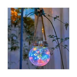 Solar Mason Jar Lights Waterproof Patio Garden Lanterns Wedding Hanging Warm Crack Glass Bottle Solar Jar Light