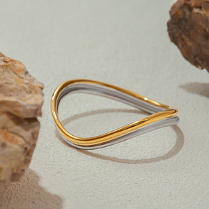 Modern Minimalist Gold <b>Silver</b> Two Tone <b>Wave</b> Pattern Bangle Unisex Jewelry Geometric Design - Product Image 2