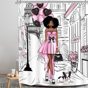Noir fille rideau de <span class=keywords><strong>douche</strong></span> salle de bain moderne afro américain Afro femme mode rose Paris tour Eiffel chien bain rideaux de <span class=keywords><strong>douche</strong></span> - Product Image 2