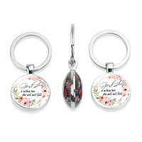 Porte-clés double face en verre cabochon avec verset biblique « Dieu est en elle, elle ne tombera pas »