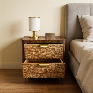 Table de chevet vintage en placage de bois de burl, faite à la main, style rustique, avec poignée en fer, pour la maison - Product Image 4
