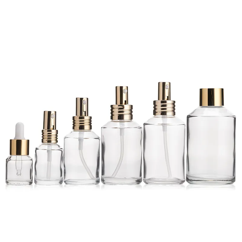 Goldener Aluminium kopf geneigte Schulter 15ml 30ml 60ml 100ml 120ml 200ml Essenz Toner Spray Klarglas flaschen