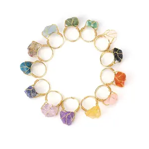 Natuursteen Kristal Ringen Goud Kleur Draad Wrap Onregelmatige Amethisten Quartz Verstelbare Vinger Ring Sieraden Voor Vrouwen Geschenken
