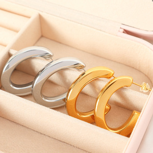 C-Shaped Hoop Earrings Gold Silver <b>Titanium</b> Steel Plated 18K Minimalist Geometric Design For Women Fashion Jewelry EH283 - Product Image 1