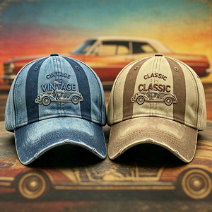 Casquette de baseball unisexe en jean délavé et vieilli, à rayures, avec broderie de voiture vintage et image imprimée en relief, réglable, pour usage quotidien en extérieur - Product Image 3