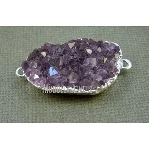 PC12289 Amethyst Jewelry Copper Jewelry Crystal Jewelry Silver Plated Amethyst Cluster Druzy Crystal Free Form Connector