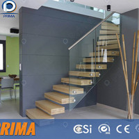 Étape de boîte en bois de conception fantaisie Prima avec support en acier bonne finition de surface avec escalier flottant en verre trempé