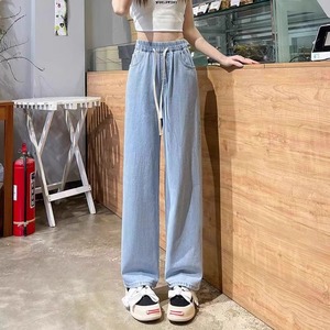 <span class=keywords><strong>Jean</strong></span> en denim taille haute élastique coupe droite couleur claire pour <span class=keywords><strong>femme</strong></span> – Tendance, ample, amincissant, style streetwear large - Product Image 4
