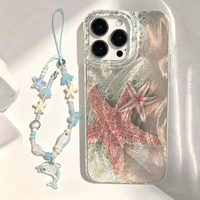 Coque de téléphone portable INS en soie argentée à motif tortue de mer bleue et étoile de mer avec chaîne pour iPhone 16 17 Pro Max Air