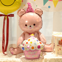 Ballon en Mylar 4D Ours Assis Tenant un Gâteau, Ballon en Aluminium Dessin Animé Ours, Décorations de Scène pour Fête d'Anniversaire d'Enfants, Fournitures en Gros