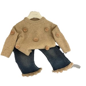 Girls Sweater Jeans Set Thick Knit Solid Color Camel Blue 3668 Autumn Winter Childrens Outfit - Product Image 5