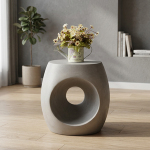 Modern Hollow Round Fiber Concrete Side <b>Table</b> Lightweight Indoor Outdoor Decorative Accent <b>Table</b> for Living Room Patio Garden - Product Image 2