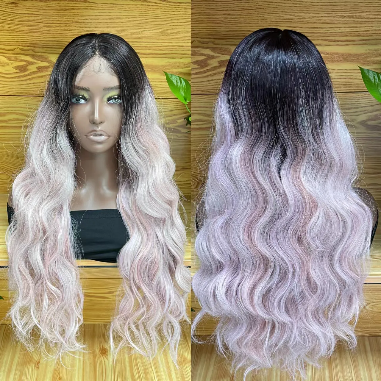 Wig cosplay sintetis gelombang panjang warna Natural 32 inci Wig renda bagian tengah/gratis untuk WANITA HITAM tahan panas