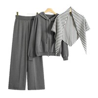Ensemble deux pièces décontracté sport pour femme, style châle rayé, nouvelle collection automne/hiver 2026, avec sweat à capuche zippé et pantalon long ample à jambes larges