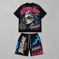 Ensemble deux pièces d'été personnalisé avec logo imprimé numériquement, streetwear délavé, coupe ample vintage, motifs graphiques, strass, shorts pour hommes