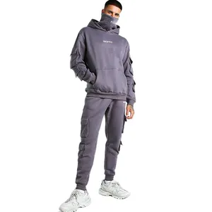 Winter thick fleece warm joggers set men plus size sweat suits set for men custom logo cargo tracksuit with snood