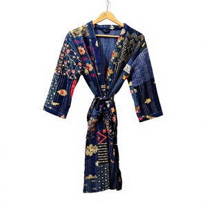<b>Women</b> Full Length Embroidered Patchwork Quilted <b>Kimono</b> Robe Three Quarter Sleeve V-neck Soft Woven Vintage Style Autumn Wear - Product Image 1