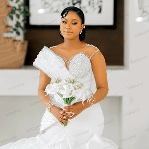 Robes de mariée sirène longues et exquises <span class=keywords><strong>pour</strong></span> filles noires, perles, manches illusion, robes de mariée formelles, robes personnalisées <span class=keywords><strong>pour</strong></span> femmes - Product Image 6