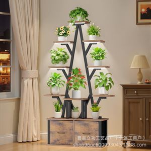 Iron Wood Multi Layer Storage <b>Shelf</b> Floor Standing Plant <b>Rack</b> With Drawer For Home Decorative Display - Product Image 2