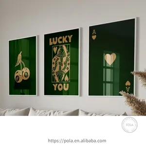 Basit lüks Retro duvar sanat posterleri Set şanslı estetik koyu yeşil kraliçe tuval boyama Ace kart kraliçe korkak resim dekor
