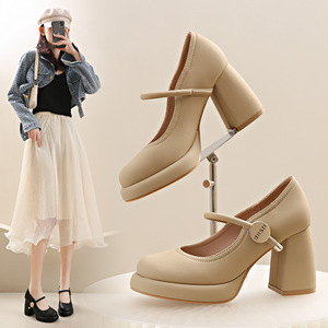 Trendy Vintage Soft Leather Strap Block Heel <b>Pumps</b> for Women Breathable Comfort Office Dress Shoes High Top for Summer - Product Image 1