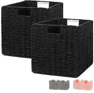 Woven Paper Rope Wicker Baskets Foldable Storage Bins Large Wicker Storage Square Baskets