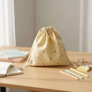 Yellow Checkered Floral Cotton Drawstring Bag Fresh Minimalist Instagram-worthy Storage Bag for Travel Organizing <b>Small</b> Items - Product Image 1