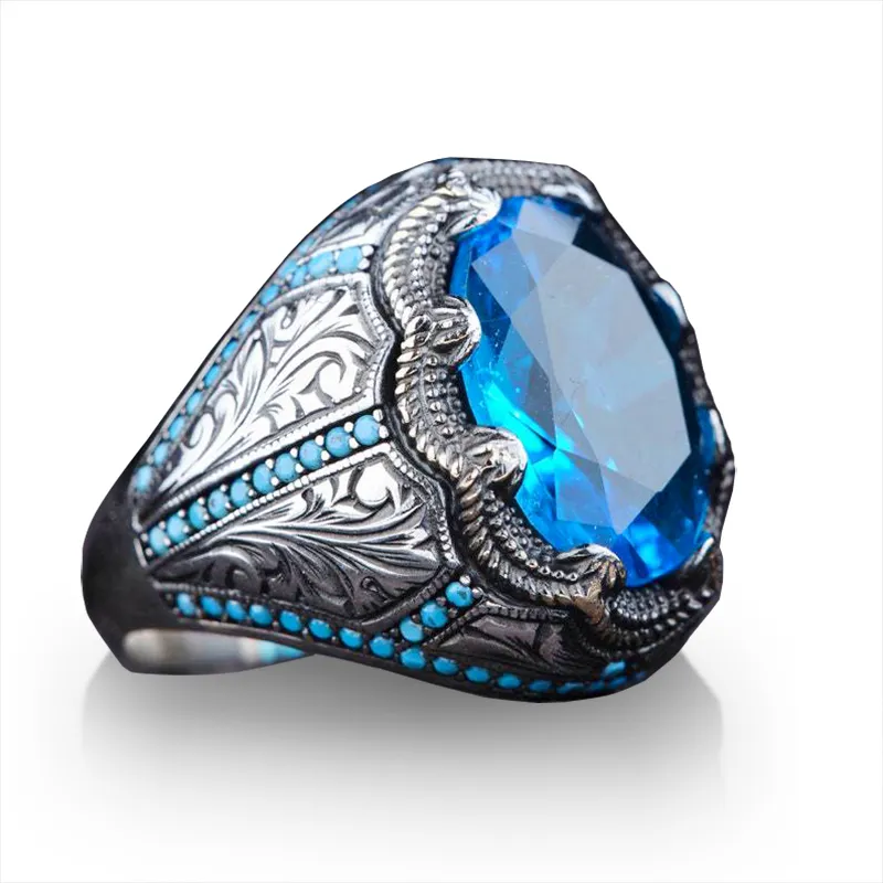 Gran oferta, diseño de moda, anillos de cristal azul, anillo de joyería de turquesa con incrustaciones de diamantes de estilo Punk