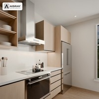 Meuble de cuisine en bois massif sur mesure, aménagement contemporain avec îlot, boîtes en panneaux mélaminés, tiroirs à fermeture amortie et unités modulaires
