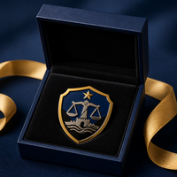 Broche personnalisée en métal, cadre doré, émail bleu marine, motif Balance de la Justice, vente en gros