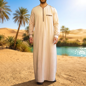 Qamis beige uni pour homme, à manches longues, col montant, longueur ras du sol, respirant, vêtement islamique traditionnel et modeste - Product Image 5