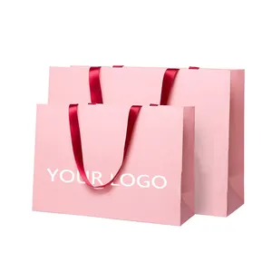 Custom Printed Ribbon Handle Cardboard Packaging Tote Bags Bolsas Black Paper Bag Luxury Gift Paper Shopping Bag With Logos